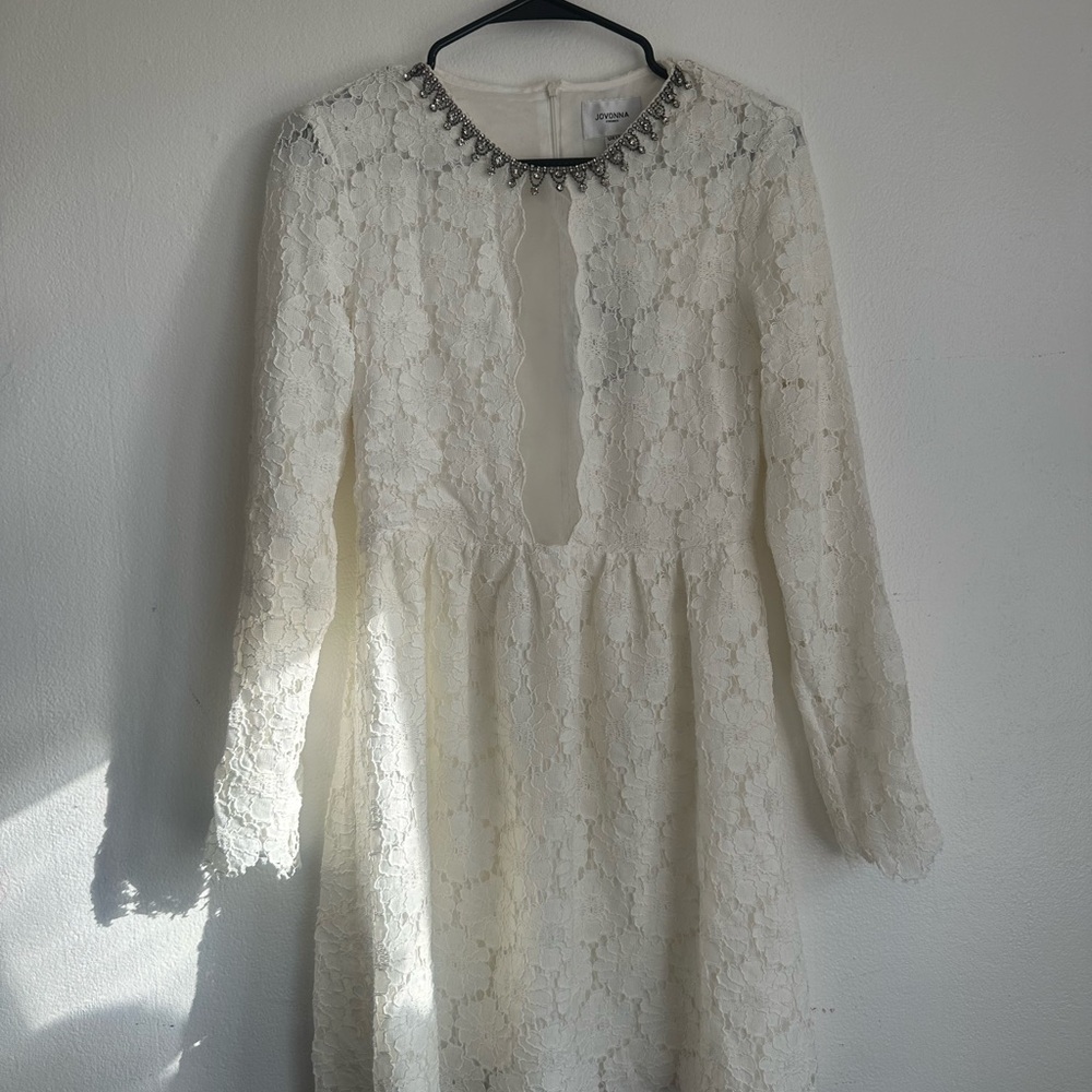 Jovonna White Lace Dress with Beaded Neckline